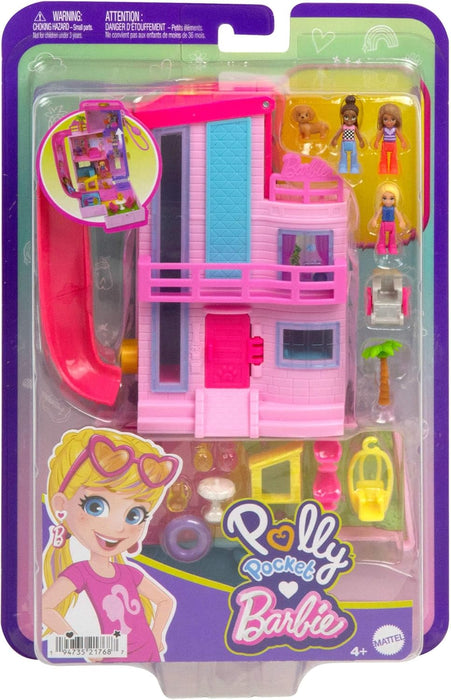 Polly Pocket Maison de Rêve Barbie Coffret avec 3 Mini-Figurines, 1 Chiot, 11 Accessoires, Ascenseur et Piscine, HWP11
