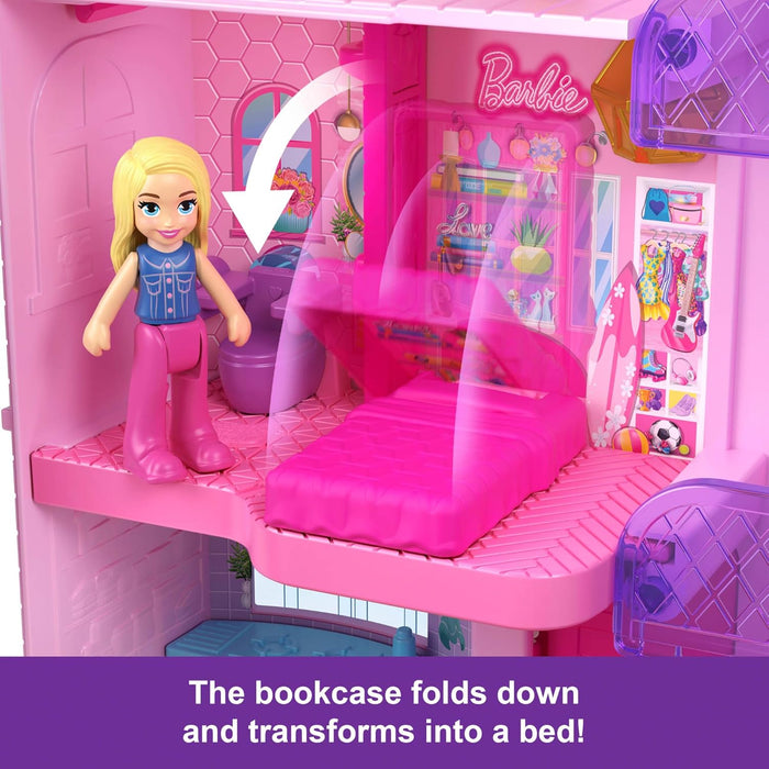 Polly Pocket Maison de Rêve Barbie Coffret avec 3 Mini-Figurines, 1 Chiot, 11 Accessoires, Ascenseur et Piscine, HWP11