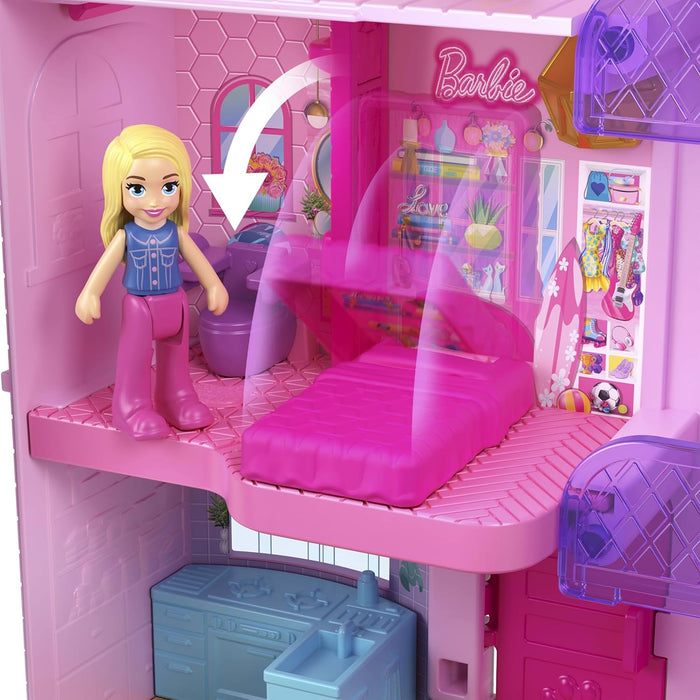 Polly Pocket Maison de Rêve Barbie Coffret avec 3 Mini-Figurines, 1 Chiot, 11 Accessoires, Ascenseur et Piscine, HWP11