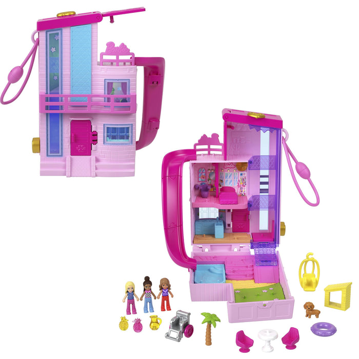 Polly Pocket Maison de Rêve Barbie Coffret avec 3 Mini-Figurines, 1 Chiot, 11 Accessoires, Ascenseur et Piscine, HWP11