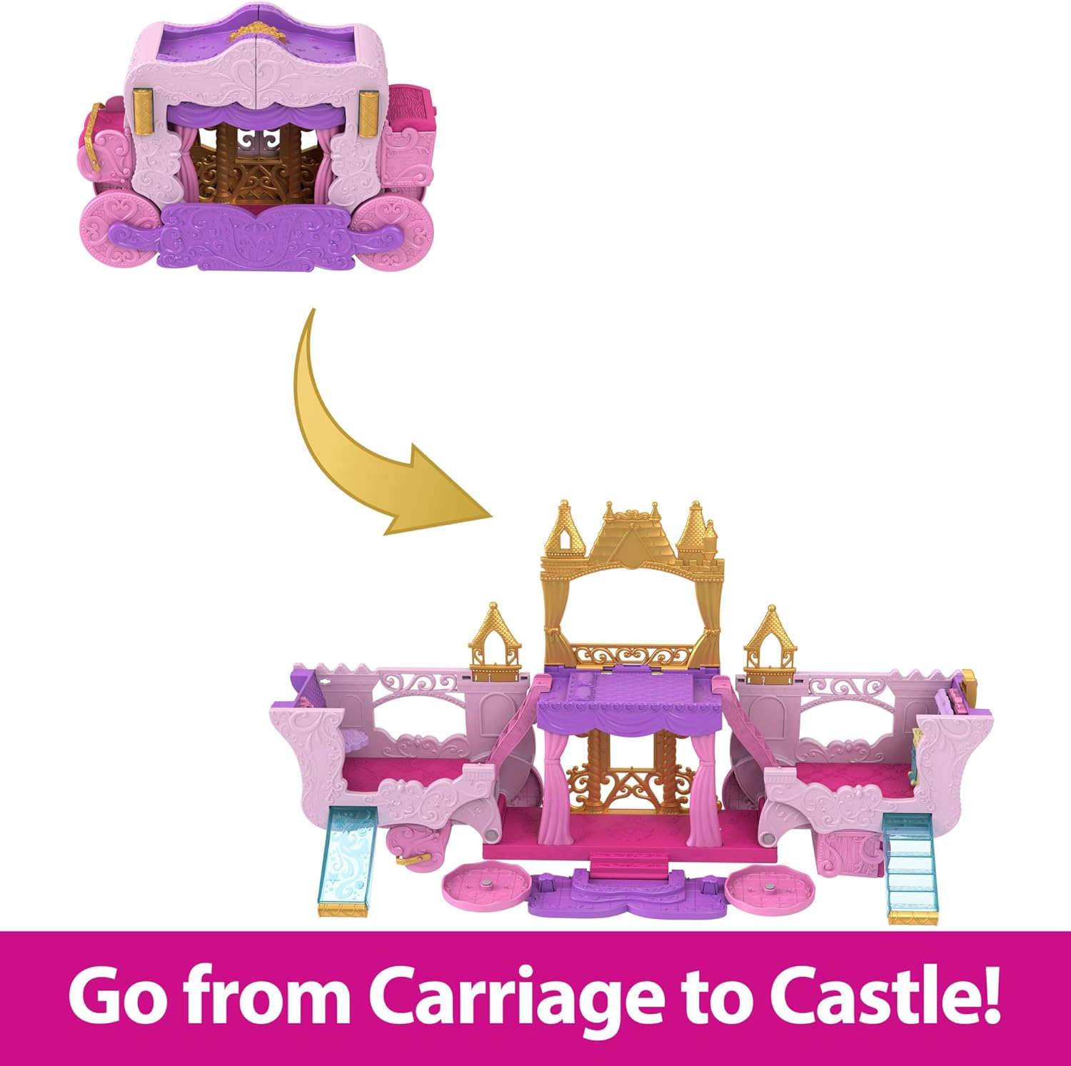 Mattel Disney Princess Carriage to Castle Transforming Playset with Aurora Small Doll, 3 Levels, 6 Play Areas, 4 Figures, Furniture & Accessories, HWX17