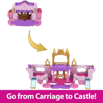 Mattel Disney Princess Carriage to Castle Transforming Playset with Aurora Small Doll, 3 Levels, 6 Play Areas, 4 Figures, Furniture & Accessories, HWX17