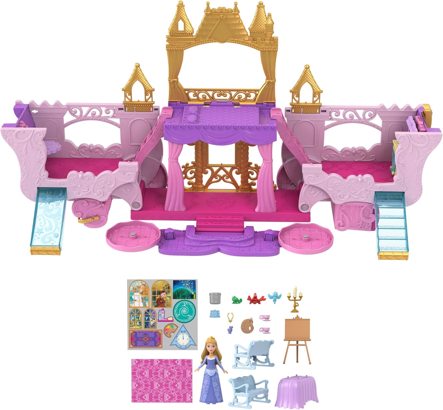 Mattel Disney Princess Carriage to Castle Transforming Playset with Aurora Small Doll, 3 Levels, 6 Play Areas, 4 Figures, Furniture & Accessories, HWX17