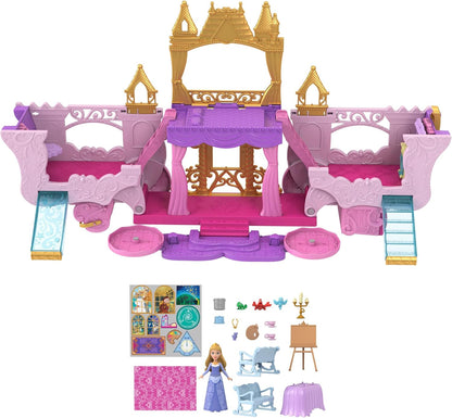 Mattel Disney Princess Carriage to Castle Transforming Playset with Aurora Small Doll, 3 Levels, 6 Play Areas, 4 Figures, Furniture & Accessories, HWX17