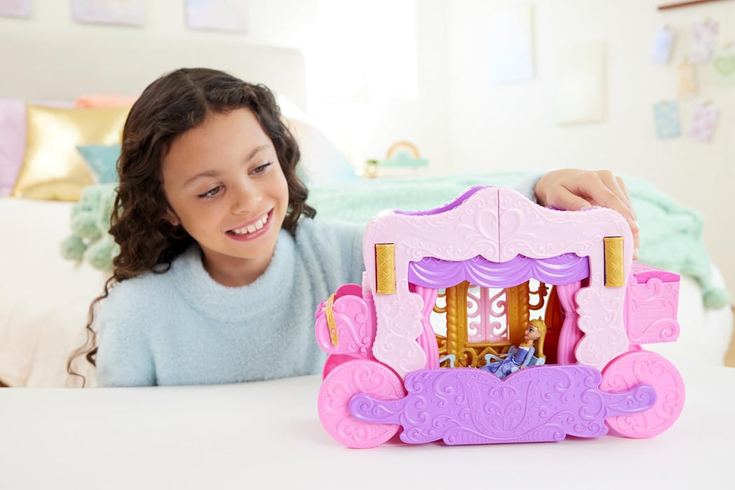 Mattel Disney Princess Carriage to Castle Transforming Playset with Aurora Small Doll, 3 Levels, 6 Play Areas, 4 Figures, Furniture & Accessories, HWX17