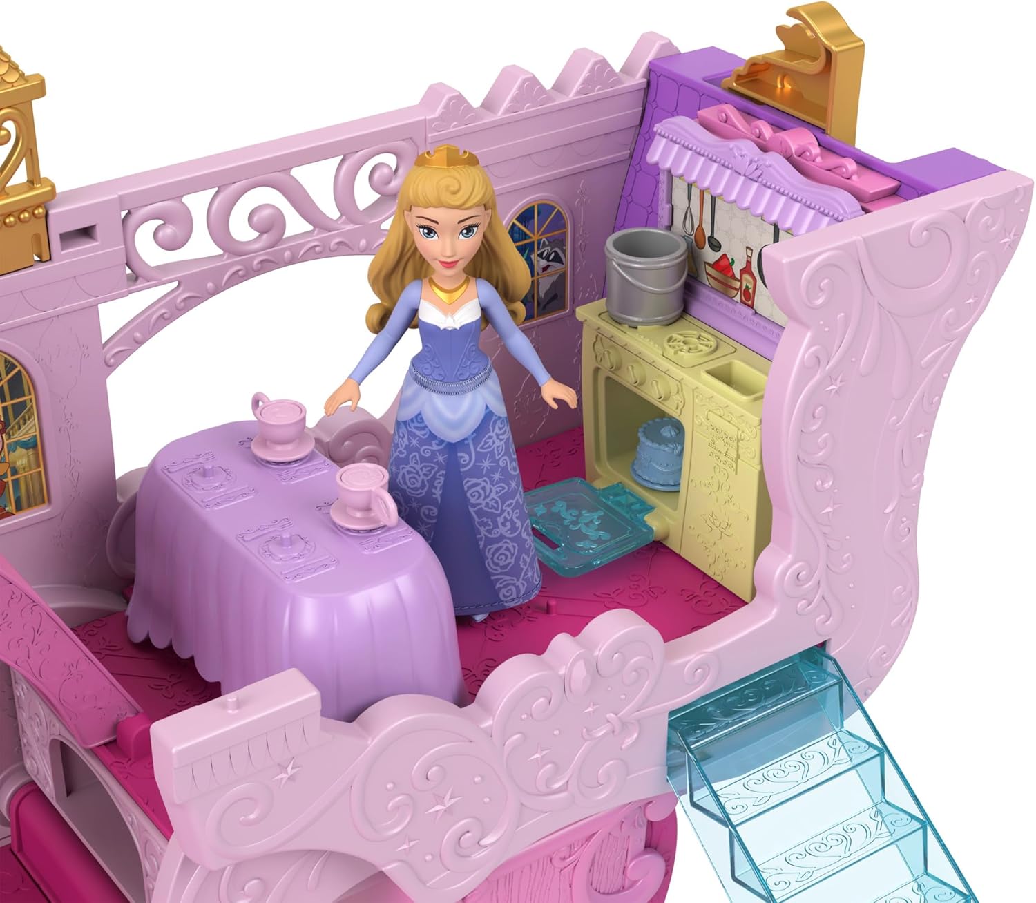Mattel Disney Princess Carriage to Castle Transforming Playset with Aurora Small Doll, 3 Levels, 6 Play Areas, 4 Figures, Furniture & Accessories, HWX17