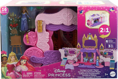 Mattel Disney Princess Carriage to Castle Transforming Playset with Aurora Small Doll, 3 Levels, 6 Play Areas, 4 Figures, Furniture & Accessories, HWX17