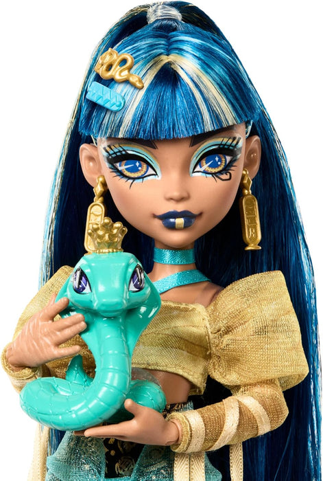 Monster High Cleo De Nile Doll in Golden Blouse & Layered Skirt, Includes Pet Cobra Hissette & Accessories Like a Backpack, Snack & Scroll