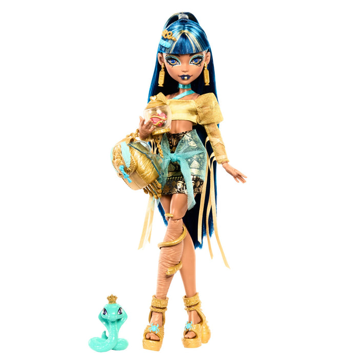 Monster High Cleo De Nile Doll in Golden Blouse & Layered Skirt, Includes Pet Cobra Hissette & Accessories Like a Backpack, Snack & Scroll