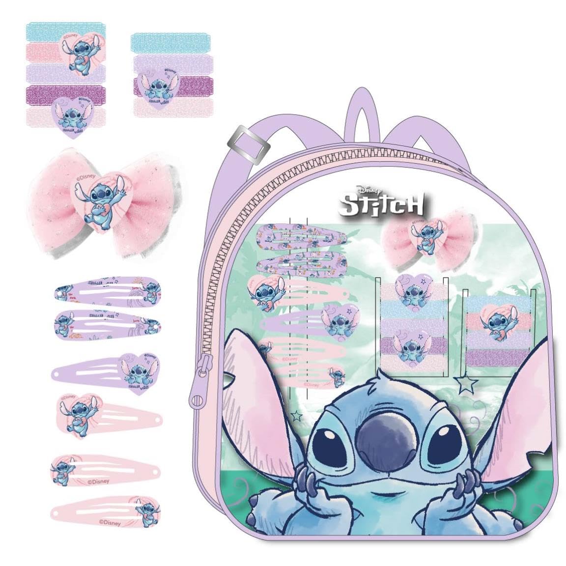 Stitch Beauty Set – Includes Backpack, 1 Bow, 6 Hairpins and 9 Scrunchies – Multicoloured – Ideal to Surprise Your Little Ones – Stitch Inspired Design – Original Product Designed in Spain