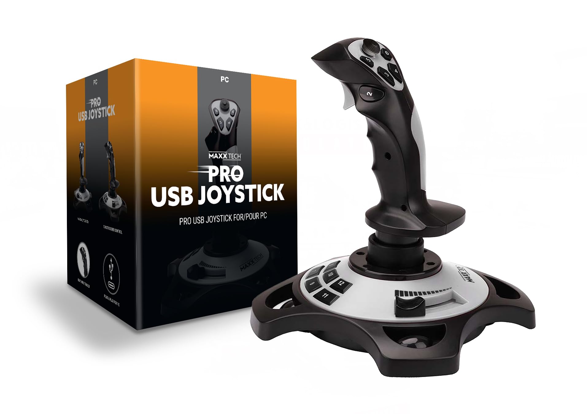 Maxx Tech USB Joystick, 12 Programmable Buttons, 8-Way HAT Switch, Rudder & Throttle Control, For PC