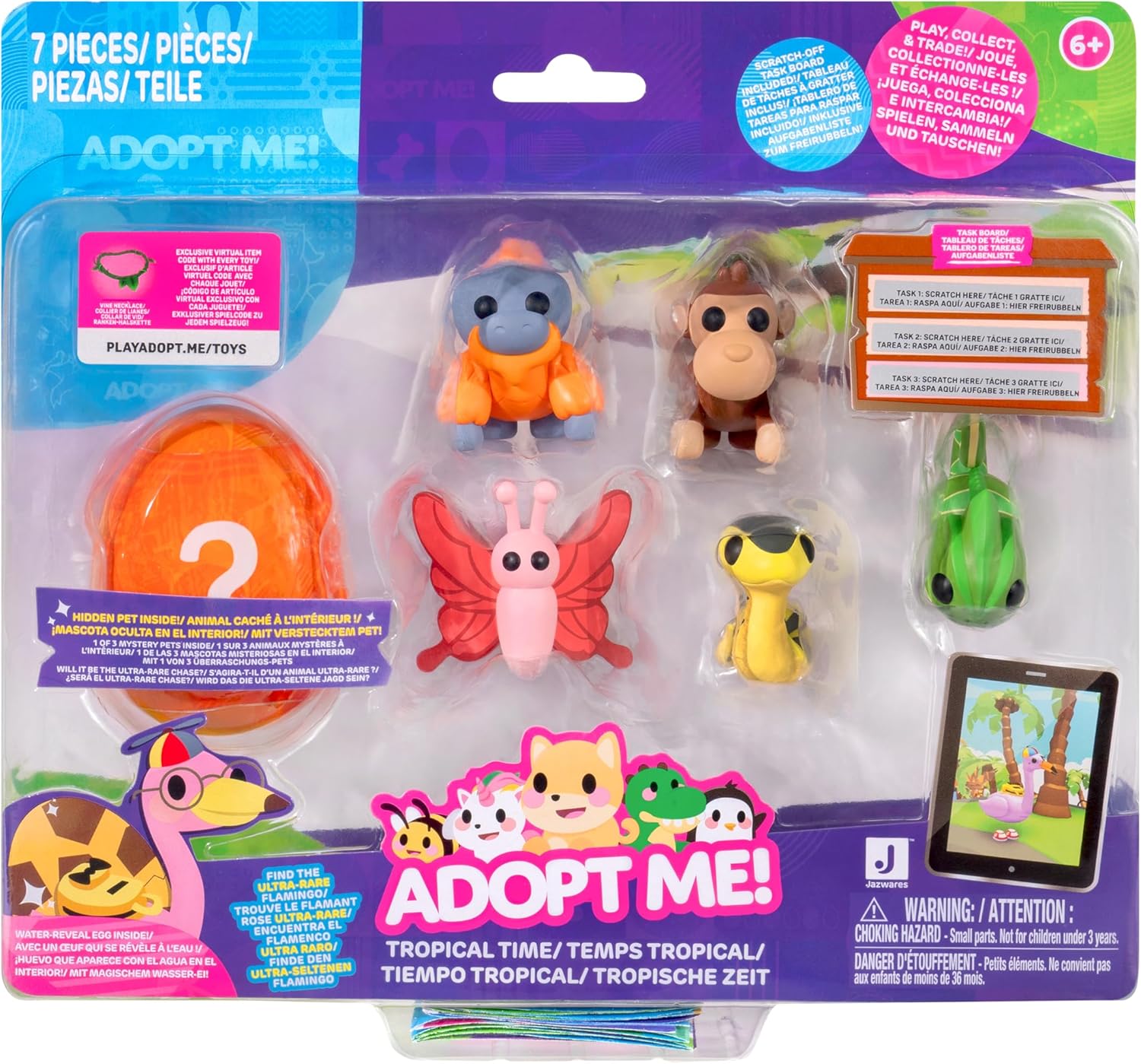 Adopt Me! Pets Multipack Tropical Time - Hidden Pet - Top Online Game - Exclusive Virtual Item Code Included - Fun Collectible Toys for Kids Featuring Your Favourite Pets, Ages 6+
