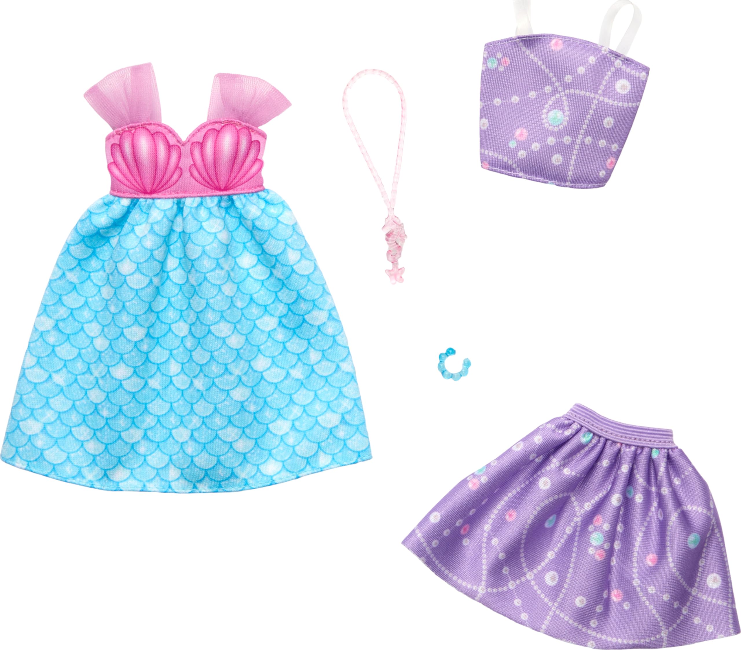 Barbie Fashions 2-Pack Clothing Set, 2 Outfits for Barbie Doll Include Mermaid-Themed Dress, Top & Skirt & 2 Accessories