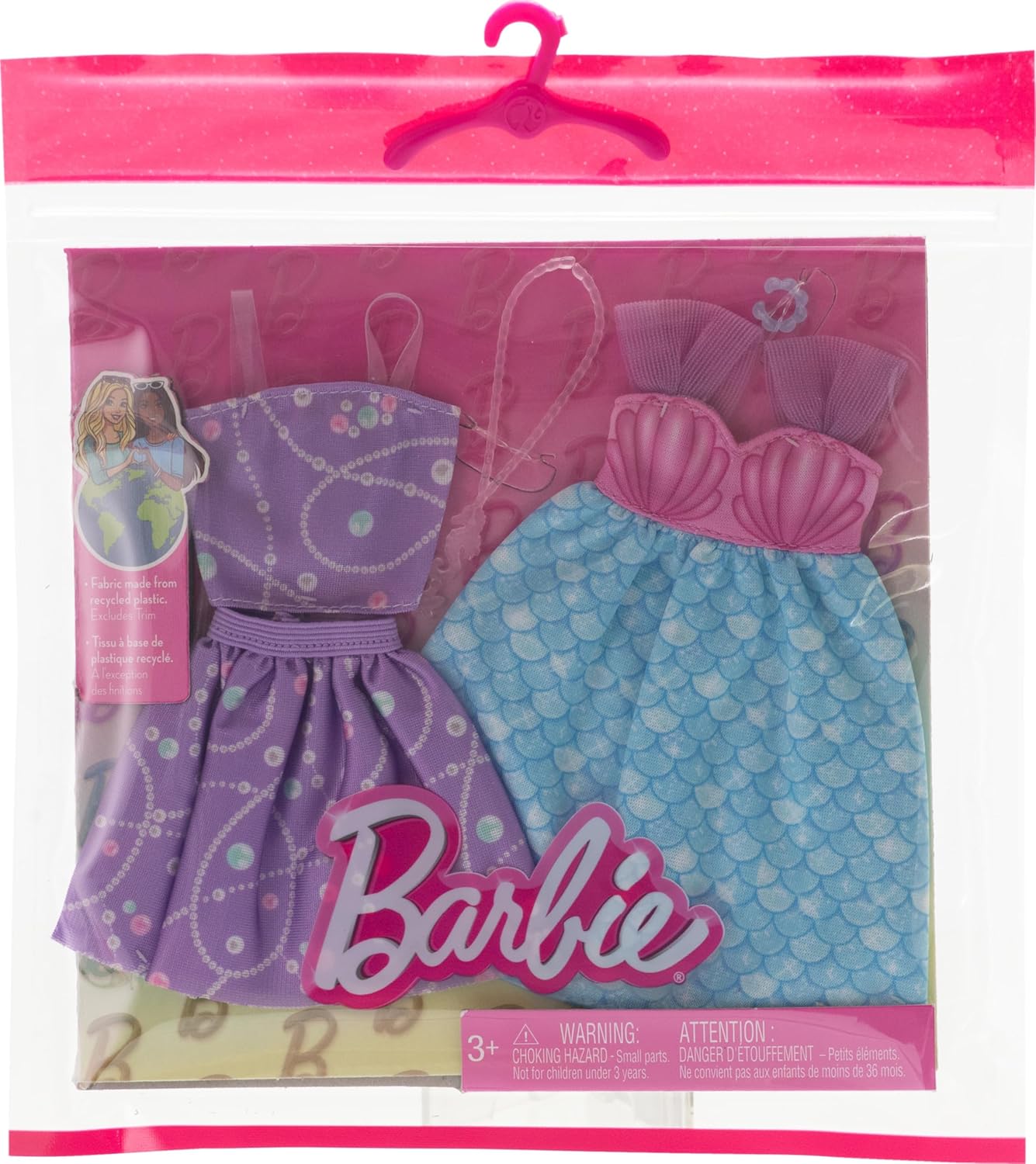 Barbie Fashions 2-Pack Clothing Set, 2 Outfits for Barbie Doll Include Mermaid-Themed Dress, Top & Skirt & 2 Accessories