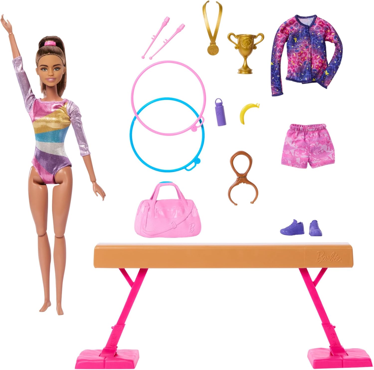 Barbie Careers Playset, Gymnastics Set with Brunette Gymnast Fashion Doll, C-Clip for Flipping Action, Balance Beam, Warm-Up Suit & Accessories