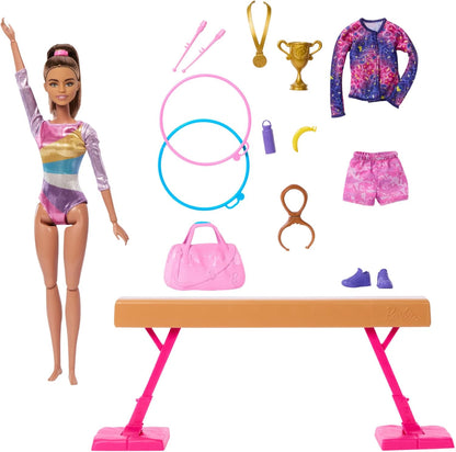 Barbie Careers Playset, Gymnastics Set with Brunette Gymnast Fashion Doll, C-Clip for Flipping Action, Balance Beam, Warm-Up Suit & Accessories