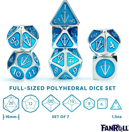 FanRoll Tales of The Valiant Metal Dice Set, Silver with Light Blue Enamel, Set of 7