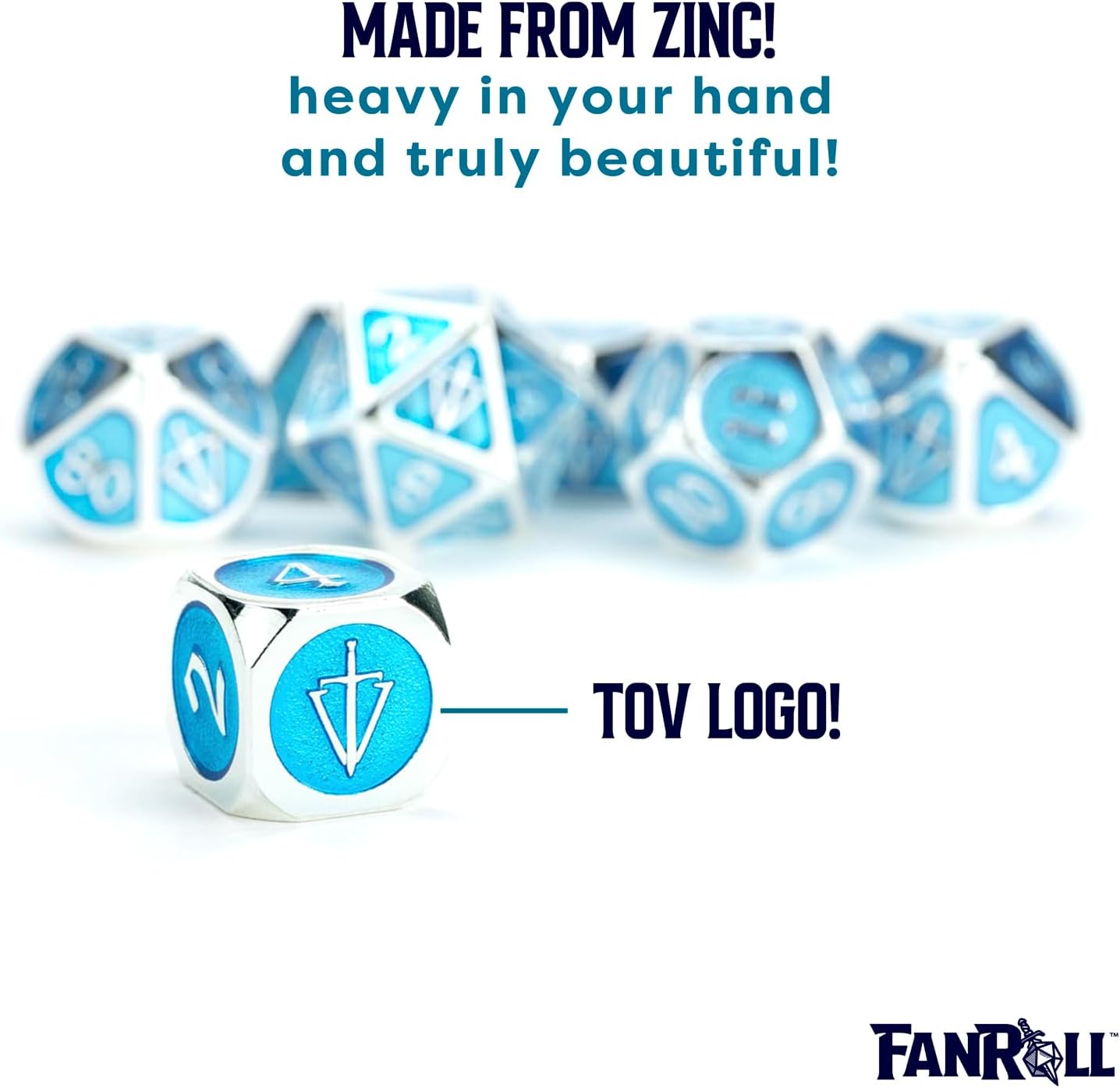 FanRoll Tales of The Valiant Metal Dice Set, Silver with Light Blue Enamel, Set of 7