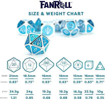 FanRoll Tales of The Valiant Metal Dice Set, Silver with Light Blue Enamel, Set of 7