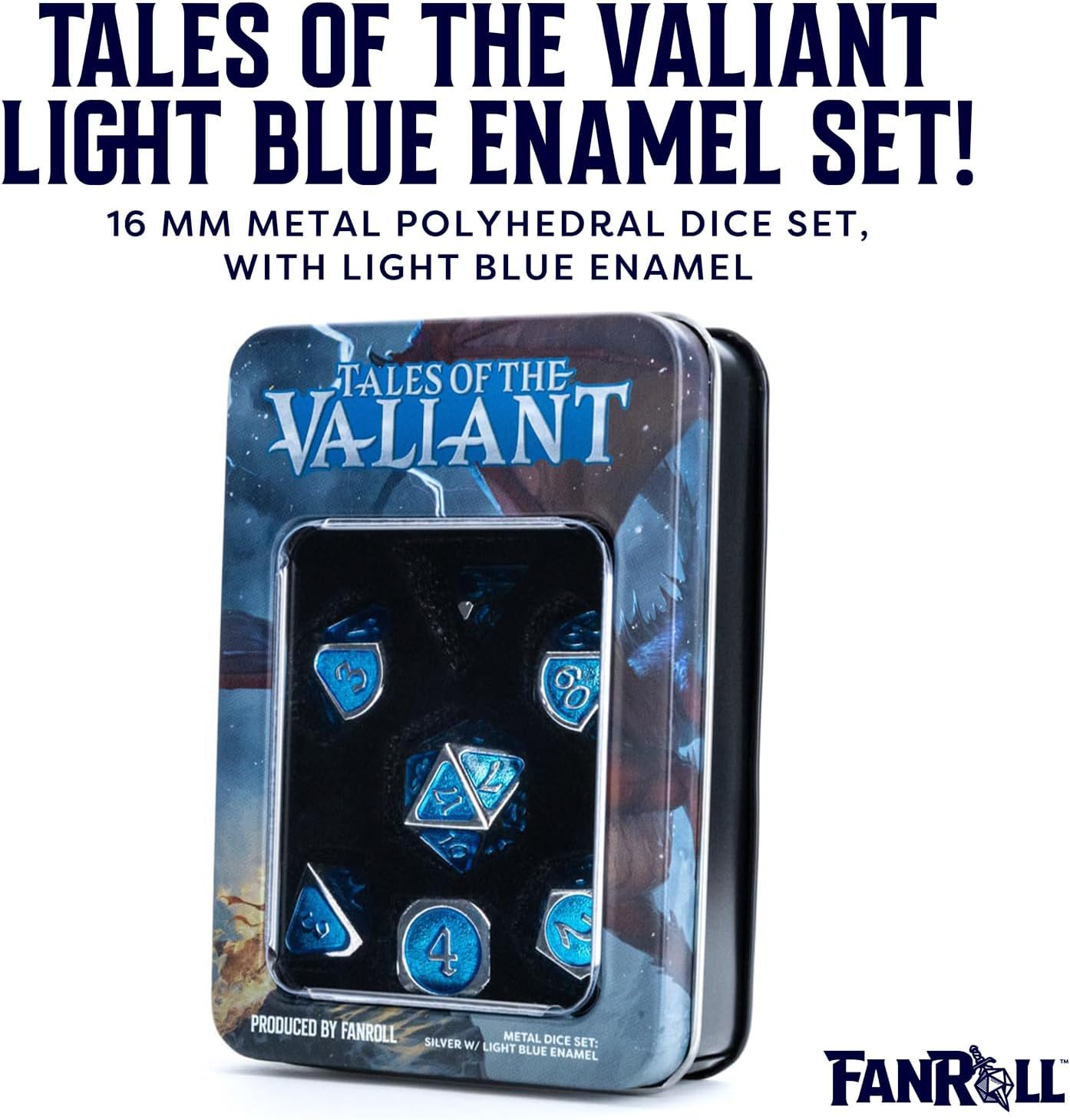 FanRoll Tales of The Valiant Metal Dice Set, Silver with Light Blue Enamel, Set of 7