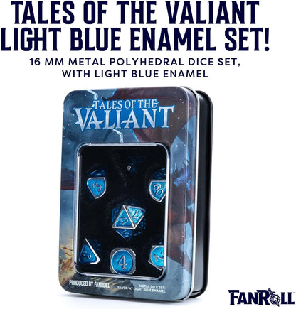 FanRoll Tales of The Valiant Metal Dice Set, Silver with Light Blue Enamel, Set of 7