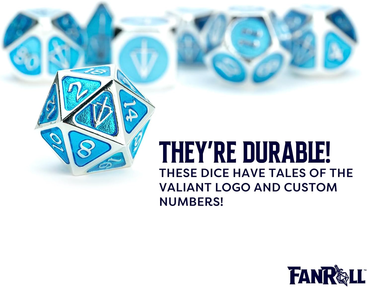 FanRoll Tales of The Valiant Metal Dice Set, Silver with Light Blue Enamel, Set of 7