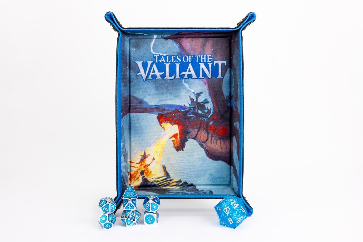 FanRoll Tales of The Valiant Metal Dice Set, Silver with Light Blue Enamel, Set of 7