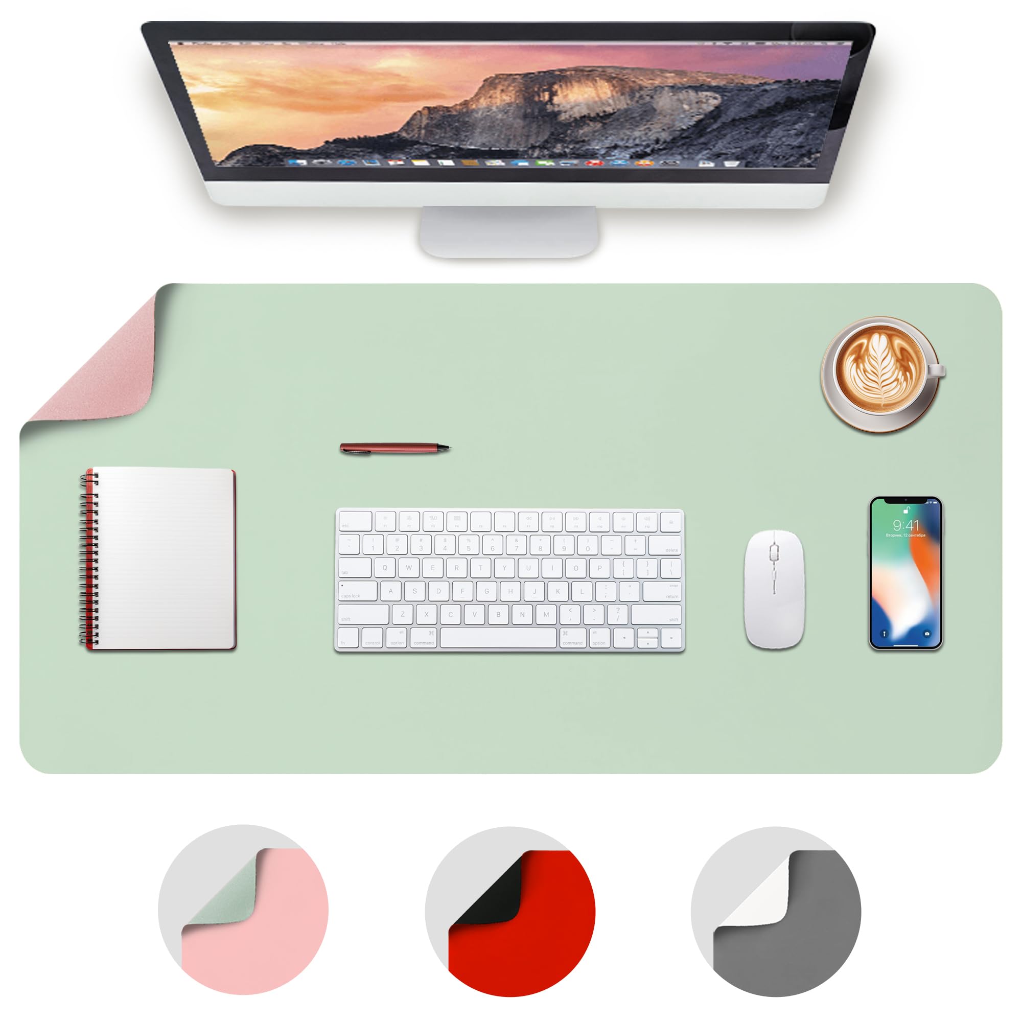 Deflecto Reversible Double sided Faux Leather Desk Pad Protector,Mouse Pad,Office Desk Mat,Non-Slip,Waterproof Writing Pad (80cm x 40cm, Pink/Green)