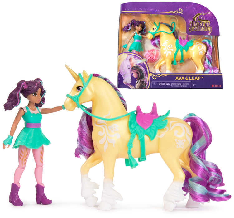 Unicorn Academy, Ava & Leaf Set with 2 Riding Accessories and Hair Styling Tool, Dolls and Unicorn Toys for Girls Aged 4 and up