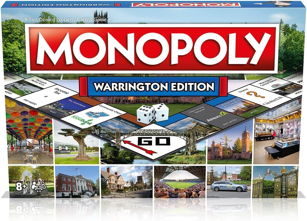 Winning Moves Warrington Monopoly Board Game, Advance to Warrington Central Station, Golden Gates and Warrington Transporter Bridge, 2–6 players makes a great gift for ages 8 plus