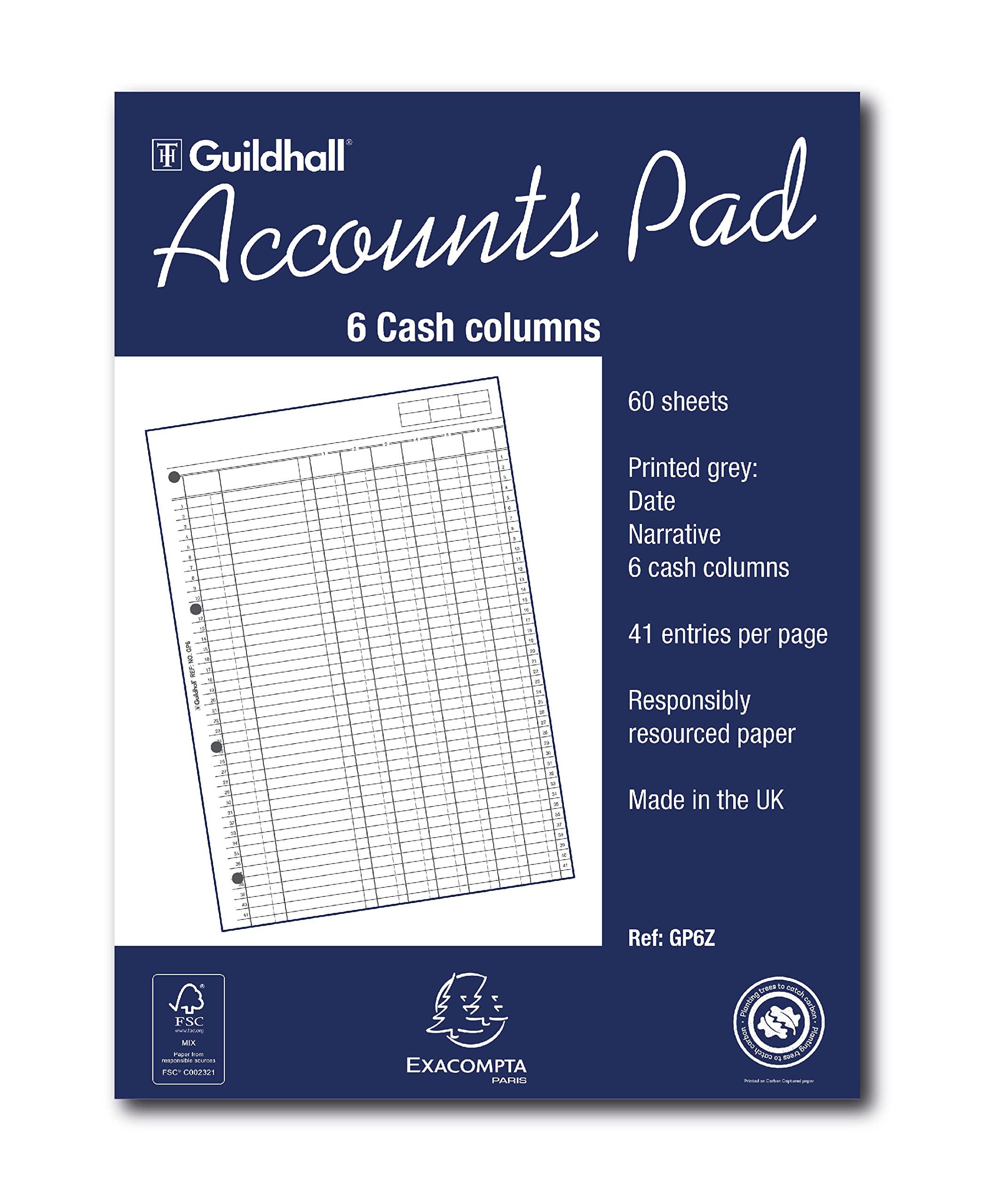 Exacompta - Ref GP6Z - Guildhall - Accounts Pad, A4 298 x 210mm, 60 sheets 70gsm, 6 Cash Columns, 41 Feint Lines, 4 Holes for Filing, FSC-Certified - White