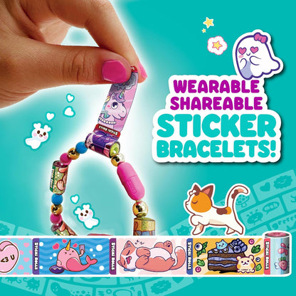 Sticki Rolls Sticki Bands, pulsera adhesiva portátil y compartible, 70 mini calcomanías, varios colores y estilos