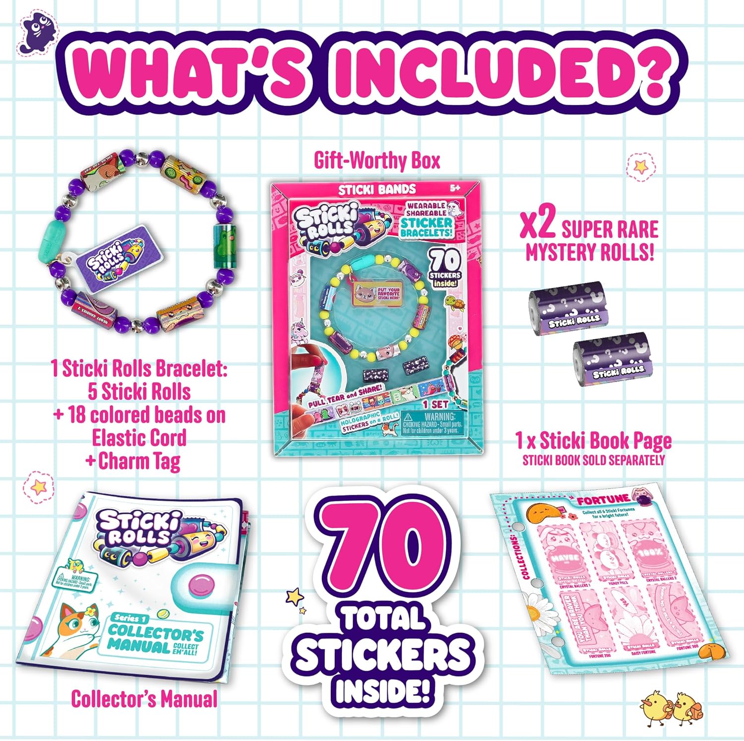 Sticki Rolls Sticki Bands, pulsera adhesiva portátil y compartible, 70 mini calcomanías, varios colores y estilos