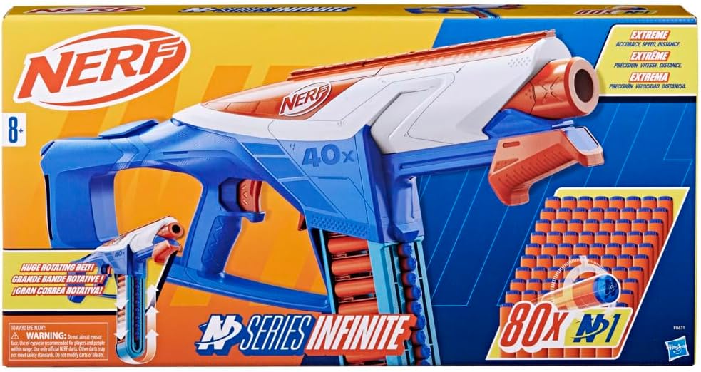 Nerf N Series, Lanzador Infinite y 80 Dardos N1, Mayor Precisión y Lanzamiento en Ráfaga, Juguete para Niños de 8 Años o Más.