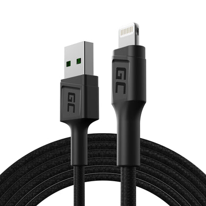 Green Cell Kabel USB-A - Lightning 2m Ladekabel Schwarz Schnellladekabel für Apple iPhone 14 13 12 11 SE Pro Max X XR XS Max 8 7 Plus 6 6S 5 5C 5S Plus | iPad Air/Pro/Mini | iPod