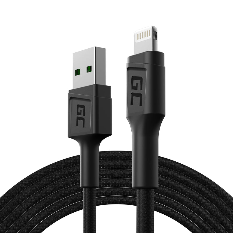 Green Cell Kabel USB-A - Lightning 2m Ladekabel Schwarz Schnellladekabel für Apple iPhone 14 13 12 11 SE Pro Max X XR XS Max 8 7 Plus 6 6S 5 5C 5S Plus | iPad Air/Pro/Mini | iPod