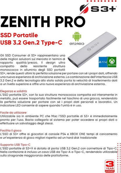 S3+ Zenith PRO SSD Esterno 2 TB Portatile | Memoria Esterna per PC PS4 XBOX MAC e Linux | SSD Disco allo Stato Solido Esterno Ultra Veloce con USB-C 3.2 Gen. 2 | OTG | Scocca Anti-shock in Alluminio