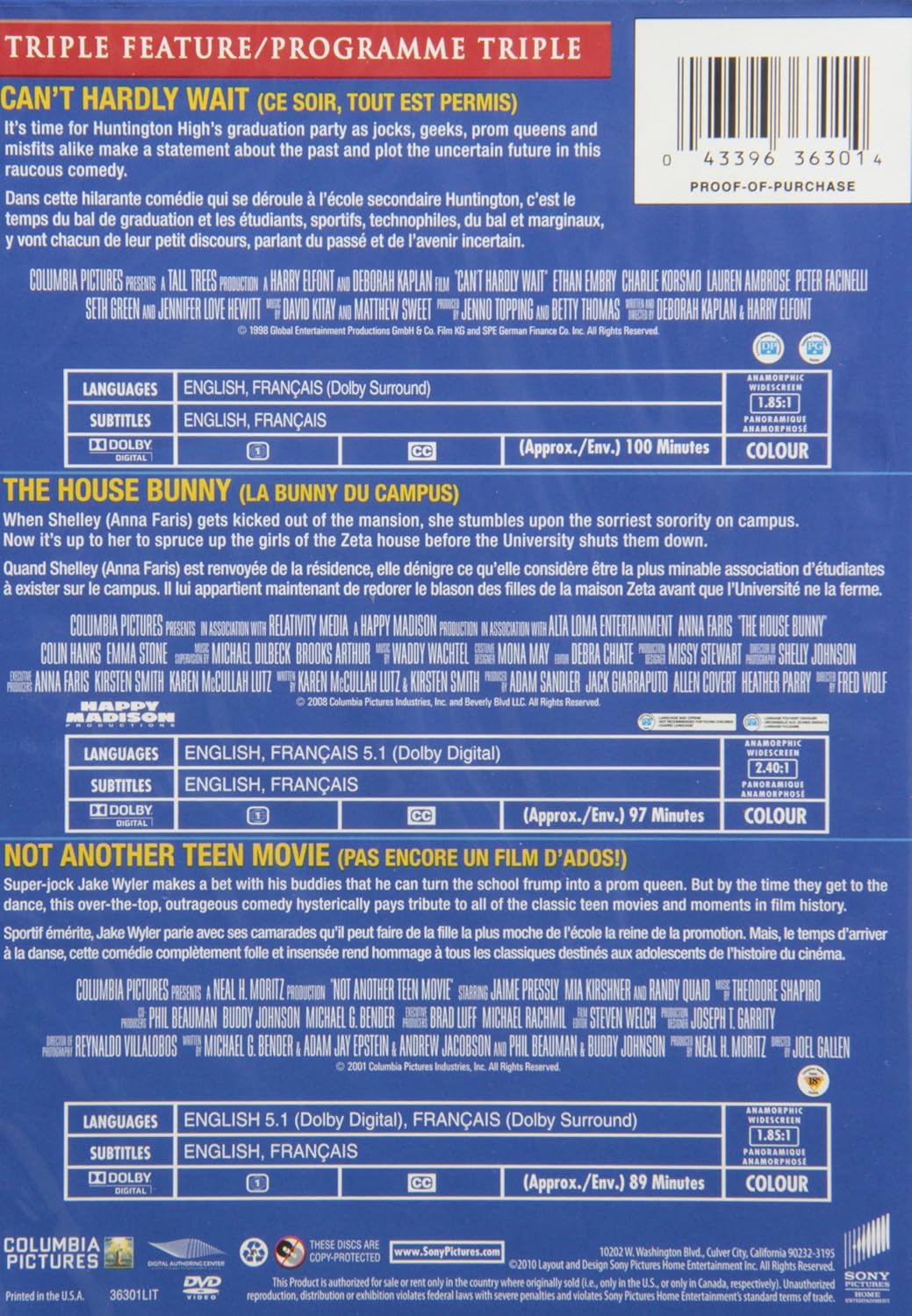 Can't Hardly Wait / House Bunny, the / Not Another Teen Movie (DVD) (Bilingual)