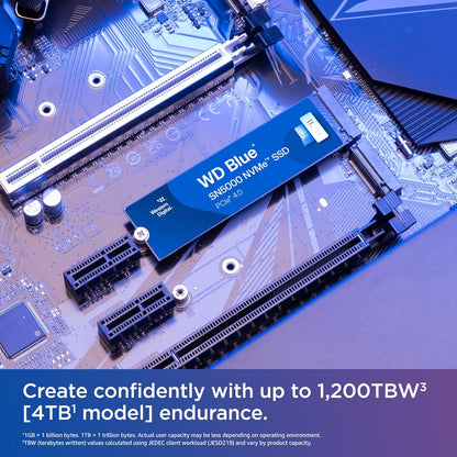 WD Blue SN5000 2TB SSD, Read speeds up to 5150 MB/s, NVMe SSD, Internal SSD, PCIe Gen4, Free Acronis True Image data migration software, internal solid state drive.