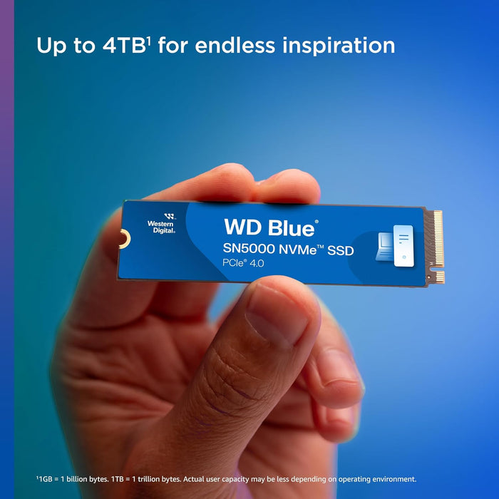 WD Blue SN5000 1TB SSD, Read speeds up to 5150 MB/s, NVMe SSD, Internal SSD, PCIe Gen4, Free Acronis True Image data migration software, internal solid state drive.