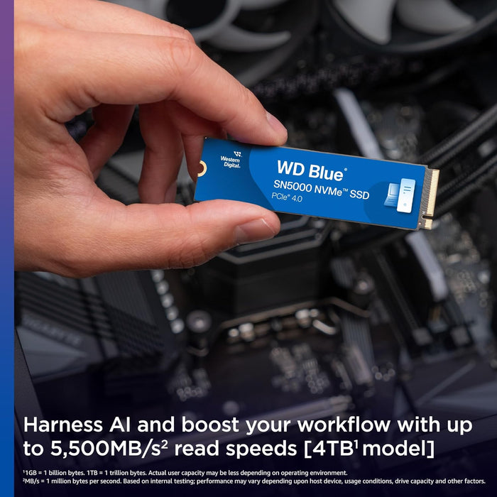 WD Blue SN5000 4TB SSD, Read speeds up to 5500 MB/s, NVMe SSD, Internal SSD, PCIe Gen4, Free Acronis True Image data migration software, internal solid state drive.