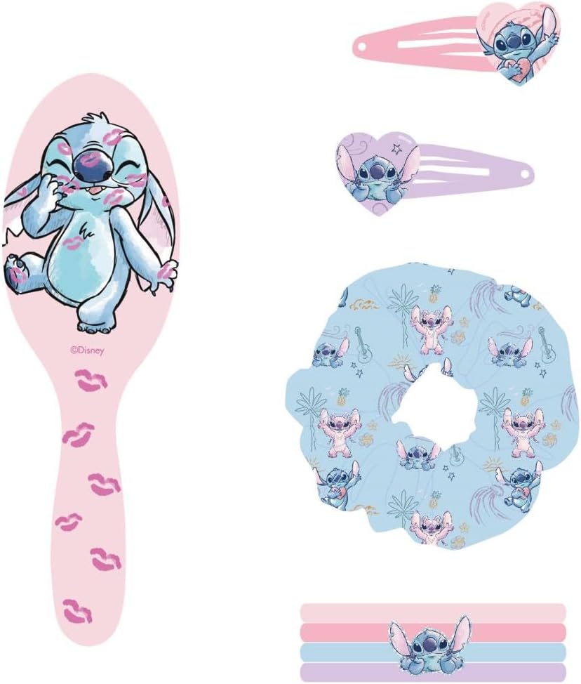 Stitch schoonheidsset voor kinderen, meerkleurig, ideaal om je kleintjes te verrassen, bevat 1 haarelastiek van stof, 4 haarelastiekjes, borstel en 2 haarspelden. Origineel product, ontworpen in