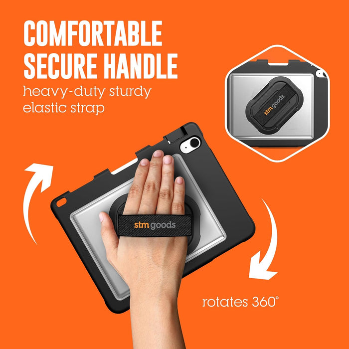 STM Goods Dux Swivel for iPad 10th Gen Case: 360° Rotating Stand & Hand Strap - Rugged Protection with Apple™ Pencil Storage, Clear Polycarbonate Back Ideal for Frontline & Service Workers - Black