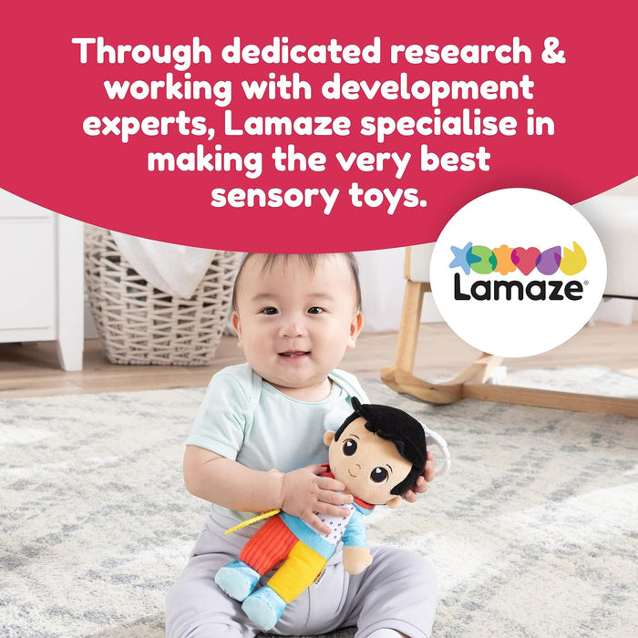 Lamaze My Friend Lucas, Clip and Go Baby Pram Toy with Multiple Textures, Chime, Crinkle Feet, Teether, Sensory Toys for Babies from 0+ Months