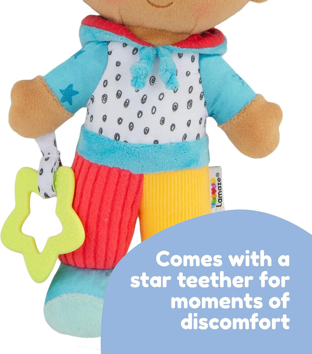 Lamaze My Friend Lucas, Clip and Go Baby Pram Toy with Multiple Textures, Chime, Crinkle Feet, Teether, Sensory Toys for Babies from 0+ Months