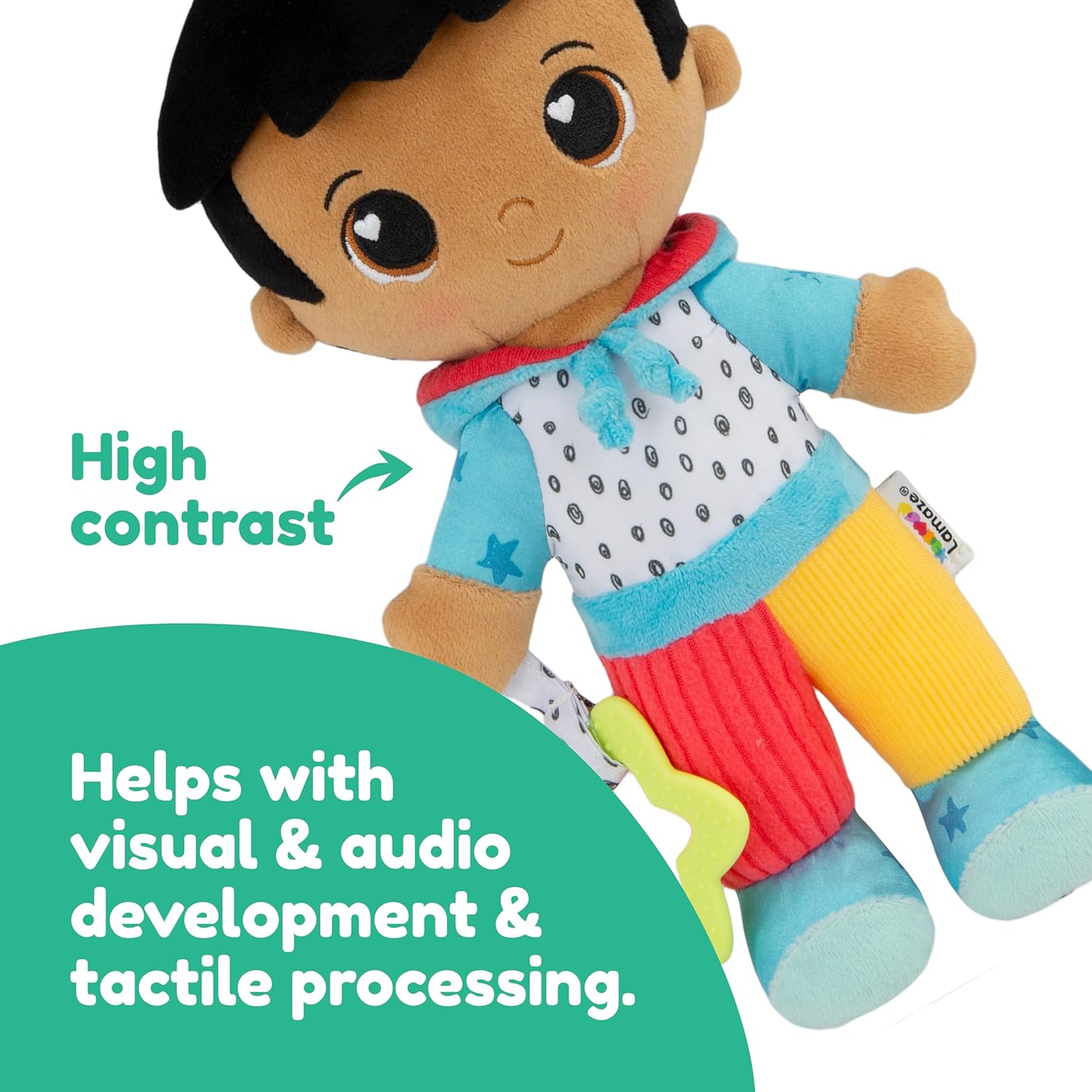 Lamaze My Friend Lucas, Clip and Go Baby Pram Toy with Multiple Textures, Chime, Crinkle Feet, Teether, Sensory Toys for Babies from 0+ Months
