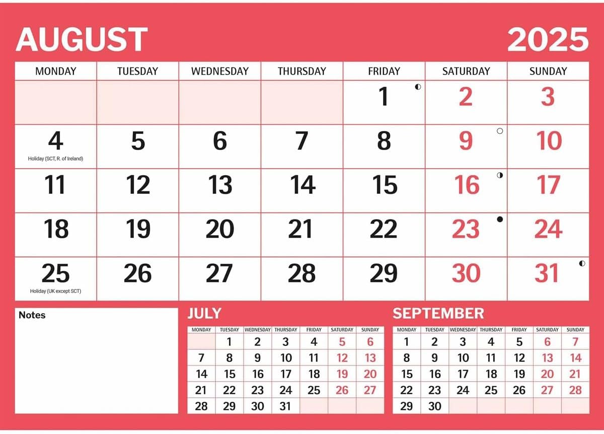 Red & Black Large Boldtype Landscape A4 Calendar 2025