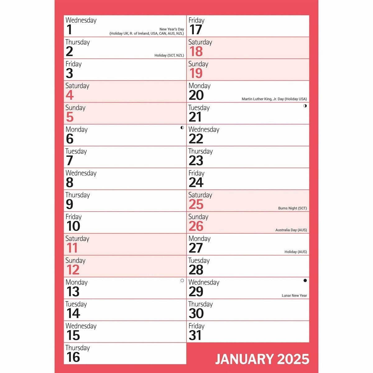 Red & Black Monthly Engagement Portrait A4 Calendar 2025