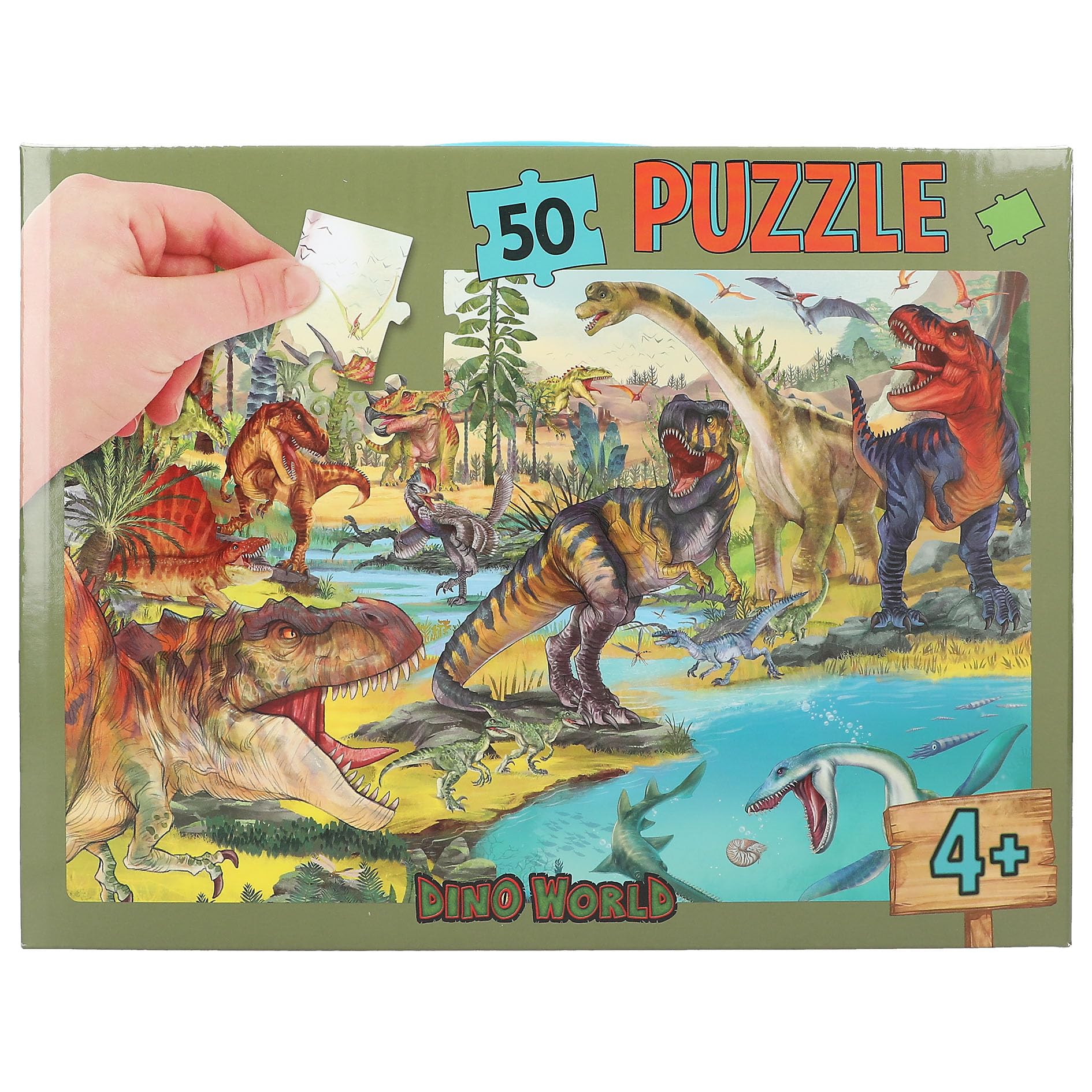 Depesche 13206 Dino World - Puzzle 50 Teile, mit detailliertem Dinosaurier Motiv, ausgelegt ca. 58 x 40 cm, im Karton-Koffer mit Tragegriff