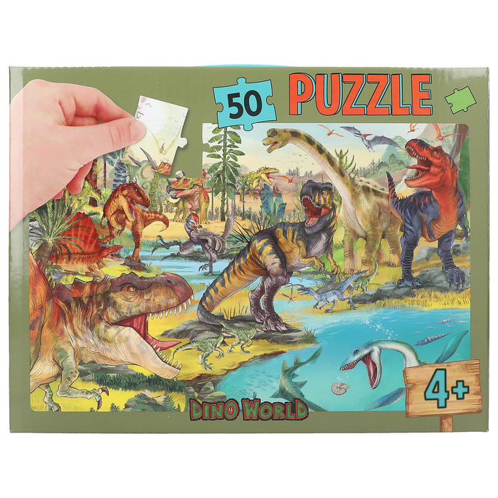 Depesche 13206 Dino World - Puzzle 50 Teile, mit detailliertem Dinosaurier Motiv, ausgelegt ca. 58 x 40 cm, im Karton-Koffer mit Tragegriff